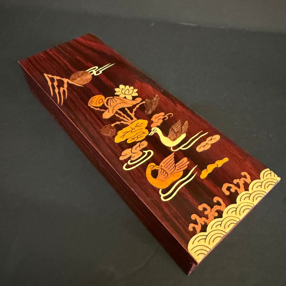 Vintage Korean Inlay Wood Box KICAC Duck/Crane Marquetry Red Velvet RARE